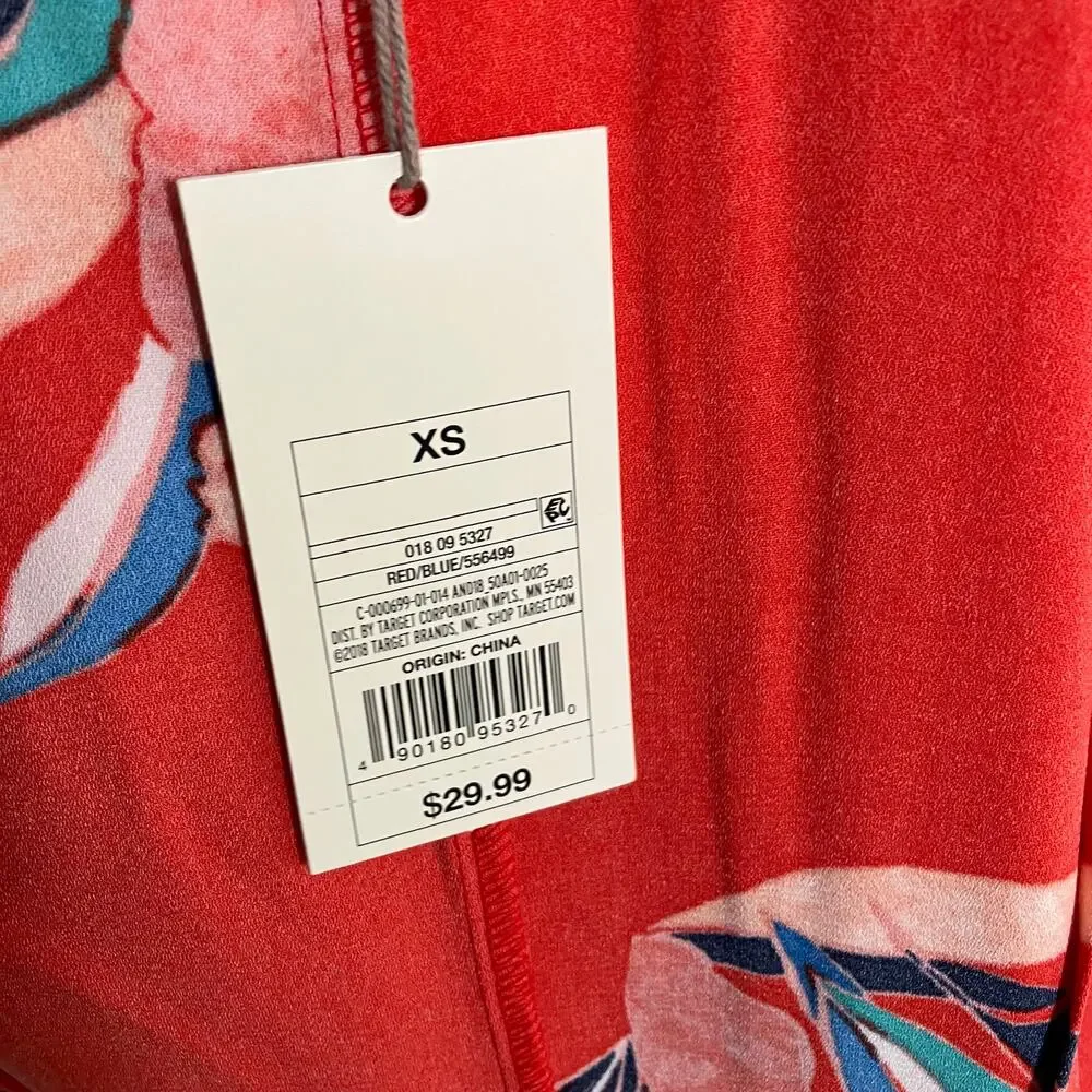 A New Day Red Floral Wrap Midi Dress XS Blue Pink‎ Tie Waist Short Sleeve New